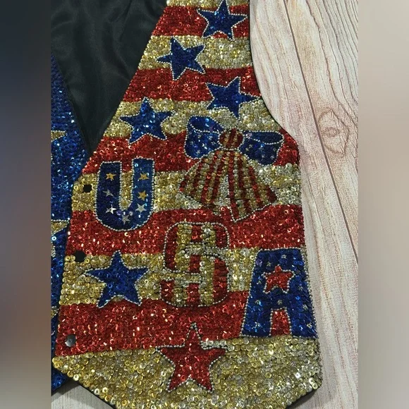 Vintage Y2K Patriotic Glitter Star Flag Sequin Waistcoat Button Vest - Picture 5 of 10